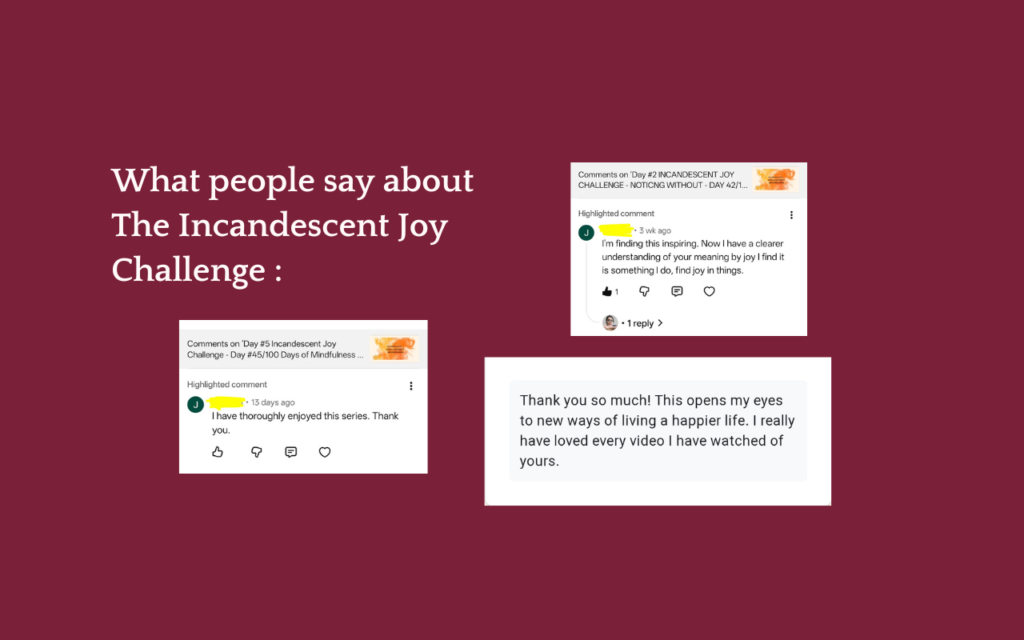 Text collage on maroon background highlighting positive feedback for The Incandescent Joy Challenge. Comments praise the series for its inspiration, clarity, and impact on viewers’ happiness through mindfulness practices focused on joy